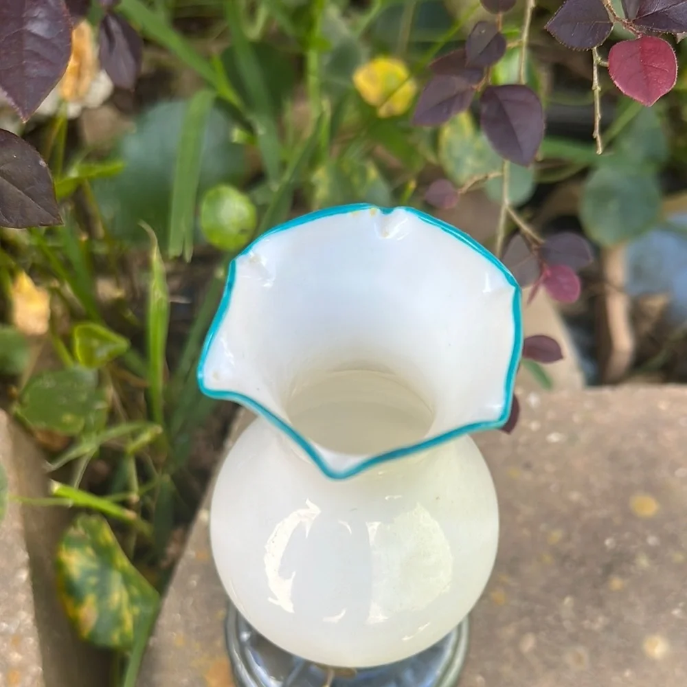 Vintage Three Star brand Glass Oil Lamp with White and Blue Accents